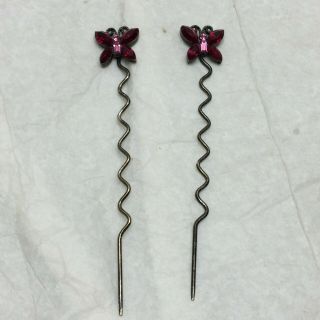 2 Vintage Butterfly Stick Pin Hat Pins Rhinestones Red And Pink Hair Pins