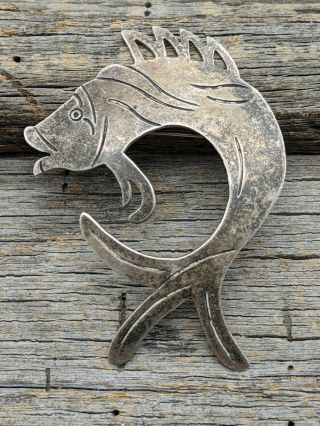 Vintage Taxco Tm - 180 Mexico Sterling Silver Engraved Large Jumping Fish Pin