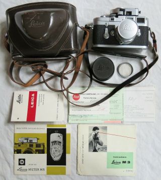 Leica M3 Camera W/ Summicron 1:2/50 Lens Leica Meter Mr Hood 39e Filter Old Vtg