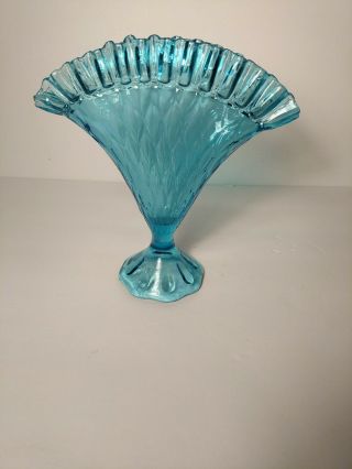Vintage Blue Glass Fan Shaped Vase 7 3/4” Tall