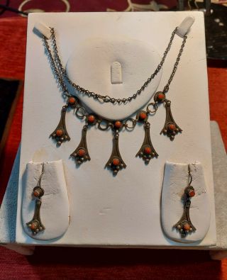 Vintage Sterling Silver Coral Necklace With Earrings