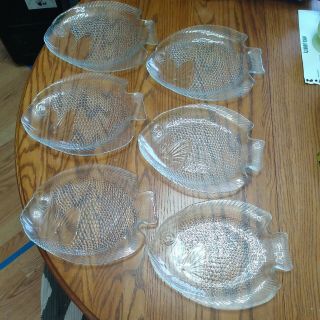 6 Vintage Arcoroc,  France,  10 ½” Clear Glass Poisson Fish - Shaped Dinner Plates