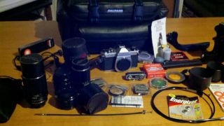 Asahi Pentax K1000 Camera Bundle 3 Takumar Lenses Vivitar 283 Flash And More