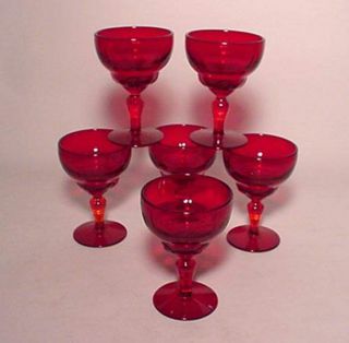 6 Vintage Martinsville " Moondrops " Small Ruby Wine Goblets - 1932 To 1940