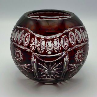 Ruby Glass Cut To Clear Rose Bowl 4.  5 " Red Vintage Vase Bohemian Crystal