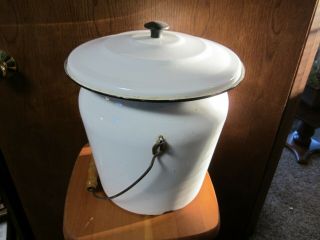 Vintage Black White Enamel Bucket Chamber Pot Bean Slop Lid Wood Handle,  Lid