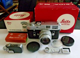 Leica M4 Chrome With 50mm F2 Duel Range Summicron Lens Leica Meter Mc 3 Boxes