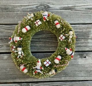 Vtg 11 " Bottle Brush Wreath Spun Head Santa Snowman Glitter Mercury Beads Accent