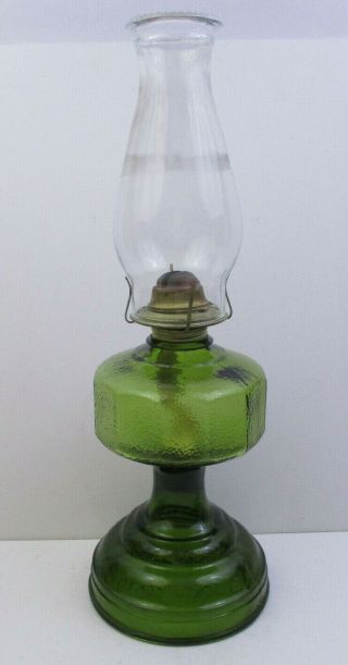 Vintage Hurricane Green Embossed Glass Kerosene Oil Table Lamp - 18 " Tall
