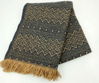 Vtg Amana Woolen Mill Usa Woven Wool Blanket Fringe Navy Tan Geometric Nordic