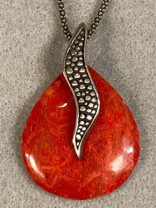Vintage Red Coral & Sterling Silver Pendant On Italian Sterling Chain