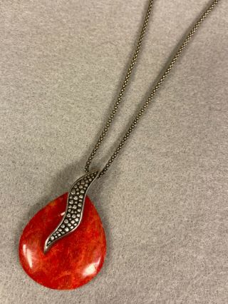 Vintage Red Coral & Sterling Silver Pendant on Italian Sterling Chain 2