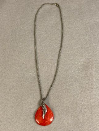 Vintage Red Coral & Sterling Silver Pendant on Italian Sterling Chain 3
