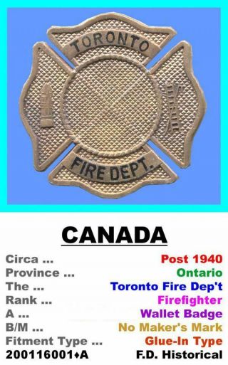 Vintage Wallet Badge • Canada - On • Toronto Fire Dep 