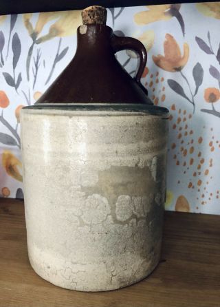 Vintage Stoneware 1 Gallon,  Whiskey Jug Crock Two Tone: Brown And Beige