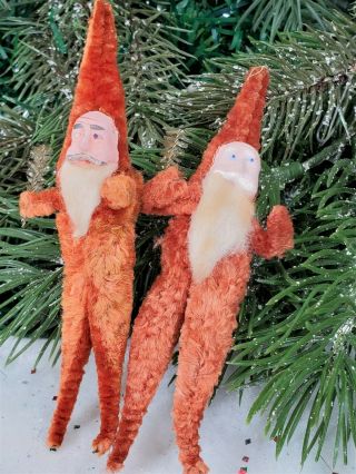 Pair Vtg 1930s Clay Face Chenille Santa Miniature Xmas Ornaments W/ Visca Trees