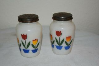 Vintage Fire King Oven Ware Tulip 4 1/4 " Tall Salt & Pepper Shakers Euc