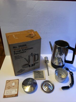 Vintage Aluminum West Bend 9 Cup Electric Percolator Coffee Pot Box 39366