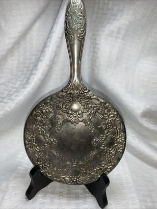 Vintage Sterling Silver Plated Floral Design Repousse Hand Held 9” Mirror