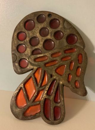 Vintage Cast Iron Metal Mushroom Trivet Stained Glass Hot Plate