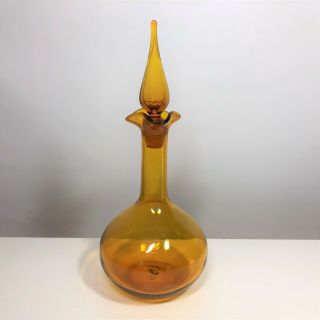 Vintage Glass Bottle With Tear Drop Stopper Hand Blown Art Golden Amber