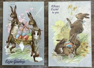2 Raphael Tuck Vintage Easter Postcard Humanized Bunny Rabbits Series 112
