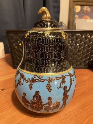 Vintage Cloisonne Jar With Lid - Black And Blue With People And Grape Pattern