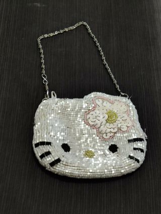 Vtg 90s 1998 Hello Kitty Beaded Sequin Coin Purse Handbag Bag Clutch White Pink