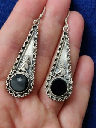 Vintage Middle Eastern Sterling Silver Earrings/ Black Onyx/ Filigree Decoration