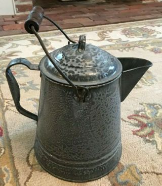 Large Vintage Mottled Gray Enamel Ware Graniteware Cowboy Coffee Pot Kettle Euc