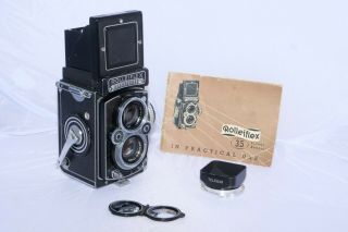 Rolleiflex 3.  5e Vintage 6x6cm Tlr Camera.  Zeiss Planar 75mm F3.  5 Lens.  Hood.
