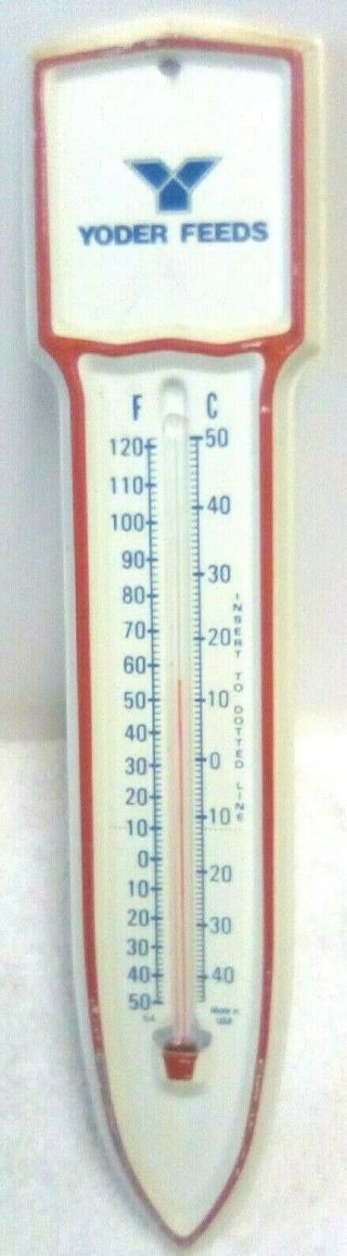 Vintage 1950s Yoder Feed Farm Advertising Thermometer Pressed Steel 12 1/2 In