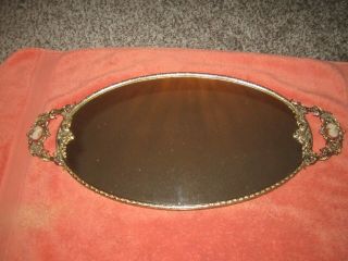 Vintage Brass Oval Vanity Mirror Tray With Cameo 