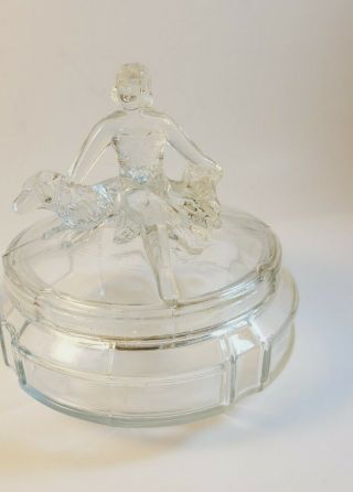 1930’s Art Deco L.  E.  Smith Girl With Dogs Powder Jar - Clear Glass