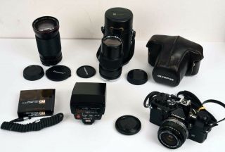 Olympus OM - 2n 35mm SLR Film Camera Outfit,  Flash,  3 Lenses & More 2
