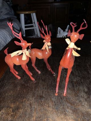 Rare Vintage Hard Plastic Red Deer Reindeer Posable Head Set Of 3