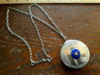 Antique Enamel Guilloche Compact Purse Art Deco Sterling Chain Pendant Necklace