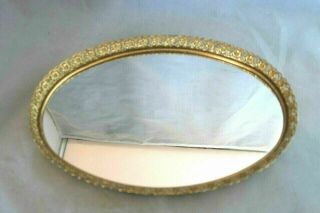 Vintage Oval Mirrored Vanity Dresser Tray Gold Tone Filigree