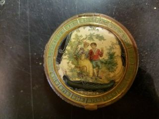 Antique Vintage Makeup Powder Compact Courting Couple With Mirror Soft Bottom