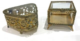 Set Of 2 Vintage Gold Filigree Glass Lidded Vanity Jewelry Boxes
