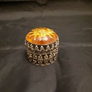 Vintage Round Metal Pill/trinket Box With Orange Sun In A Stone