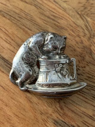 Vintage Estate Sterling Silver Cat Playing With Fish Brooch