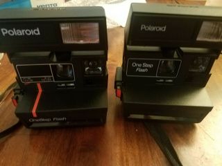Set Of 2 Vintage Polaroid Black Red Stripe One Step Flash Cameras - -