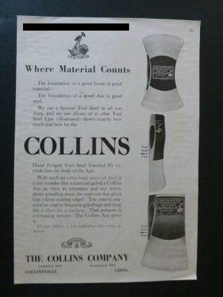 Rare Antique 1923 Dealer Ad Collins Co Single Double Bit Axe Collinsville Ct Vtg
