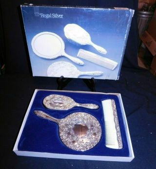 Vintage Regal Silver Plated 3 Piece Dresser Set,  W/box,  Mirror,  Brush,  Comb,  Nm