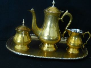 4 Piece Vintage Brass Plated Tea Set Teapot Creamer Sugar Bowl Tray