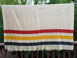 Vintage Wool Camp Cabin Blanket Stripes Red Yellow Blue Hudson Bay Style 68 X 88