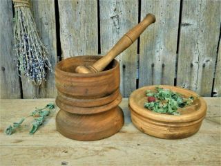 Vintage Unique Wooden Mortar & Pestle & Bowl Pantry Spice Apothecary