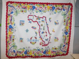 Vintage Bold Color Pre Disney Florida Map Tablecloth Flamingos Palm Trees 58x53