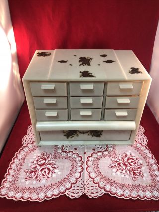 Vintage Akro - Mills Plastic 10 Drawer Jewelry Cabinet With Cherubs Heart Hanky